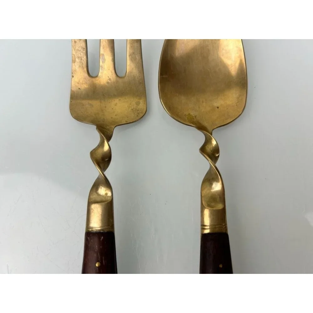 MCM Siam Gold Tone Serving Fork & Spoon Wood Handle Twist Buddha Unique Vintage